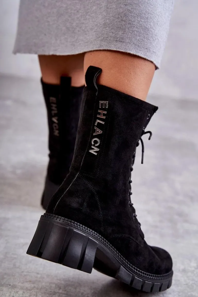 Zamszowe Damskie Ocieplane Botki Czarne Hermesa