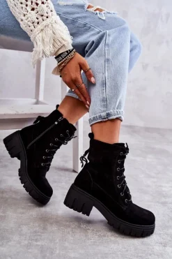 Zamszowe Damskie Ocieplane Botki Na Suwak Czarne Emilien