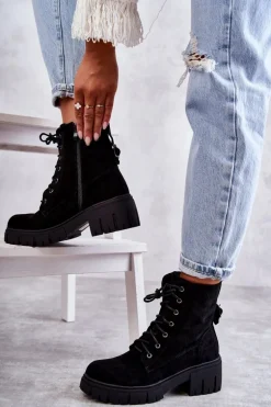 Zamszowe Damskie Ocieplane Botki Na Suwak Czarne Emilien