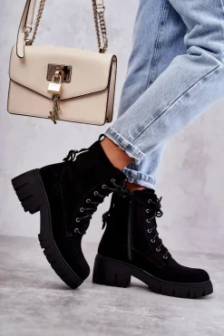 Zamszowe Damskie Ocieplane Botki Na Suwak Czarne Emilien