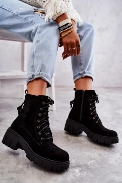 Zamszowe Damskie Ocieplane Botki Na Suwak Czarne Emilien