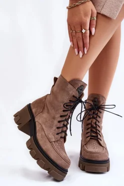 Zamszowe Damskie Ocieplane Botki Trapery Jasnobrązowe Lemar Rehin