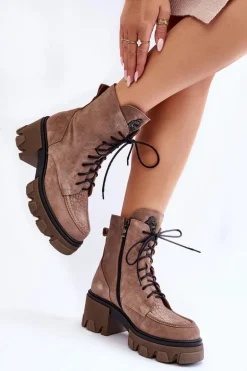 Zamszowe Damskie Ocieplane Botki Trapery Jasnobrązowe Lemar Rehin