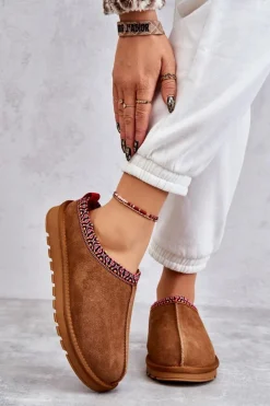 Zamszowe Damskie Papcie Z Futerkiem Camel Buffie