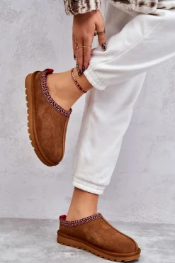 Zamszowe Damskie Papcie Z Futerkiem Camel Buffie