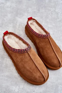 Zamszowe Damskie Papcie Z Futerkiem Camel Buffie