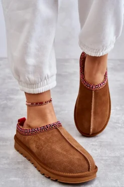 Zamszowe Damskie Papcie Z Futerkiem Camel Buffie