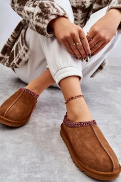 Zamszowe Damskie Papcie Z Futerkiem Camel Buffie