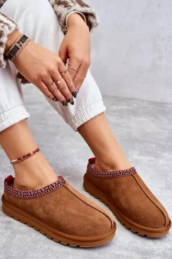 Zamszowe Damskie Papcie Z Futerkiem Camel Buffie