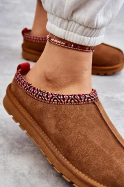 Zamszowe Damskie Papcie Z Futerkiem Camel Buffie