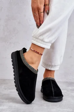 Zamszowe Damskie Papcie Z Futerkiem Czarne Buffie