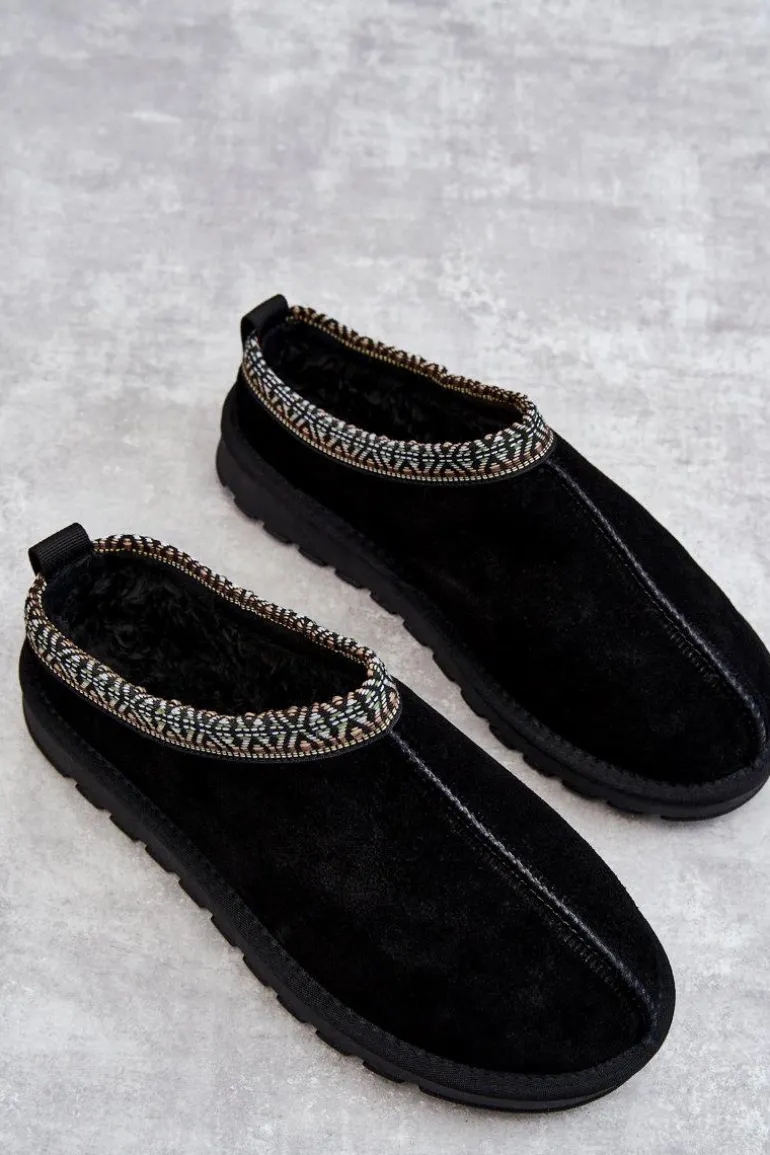 Zamszowe Damskie Papcie Z Futerkiem Czarne Buffie