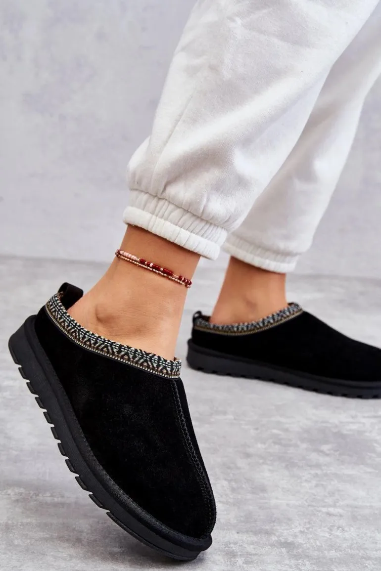 Zamszowe Damskie Papcie Z Futerkiem Czarne Buffie