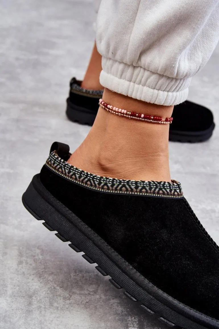 Zamszowe Damskie Papcie Z Futerkiem Czarne Buffie