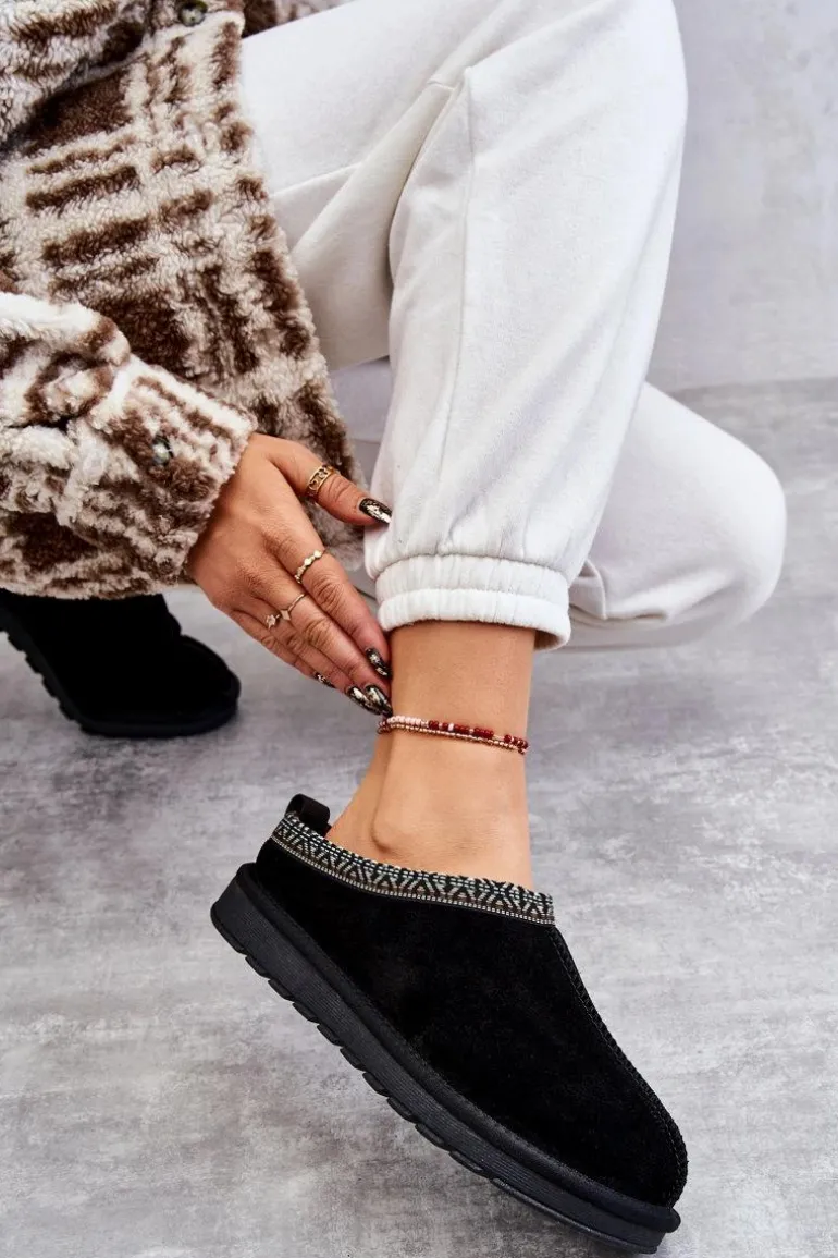 Zamszowe Damskie Papcie Z Futerkiem Czarne Buffie