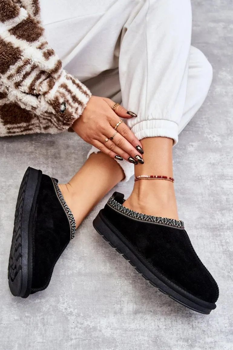 Zamszowe Damskie Papcie Z Futerkiem Czarne Buffie