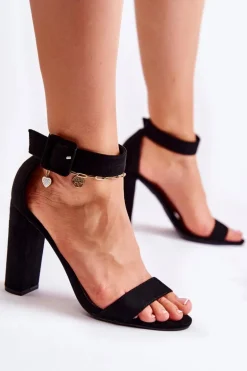 Zamszowe Damskie Sandałki Na Obcasie Czarne Bergamo