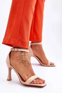 Zamszowe Damskie Sandały Na Obcasie Beżowe Rousses