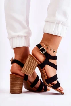 Zamszowe Damskie Sandały Na Słupku Czarne Elora