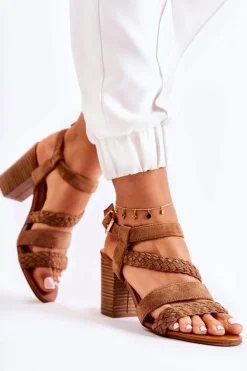 Zamszowe Damskie Sandały Na Słupku Camel Elora