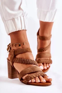 Zamszowe Damskie Sandały Na Słupku Camel Elora