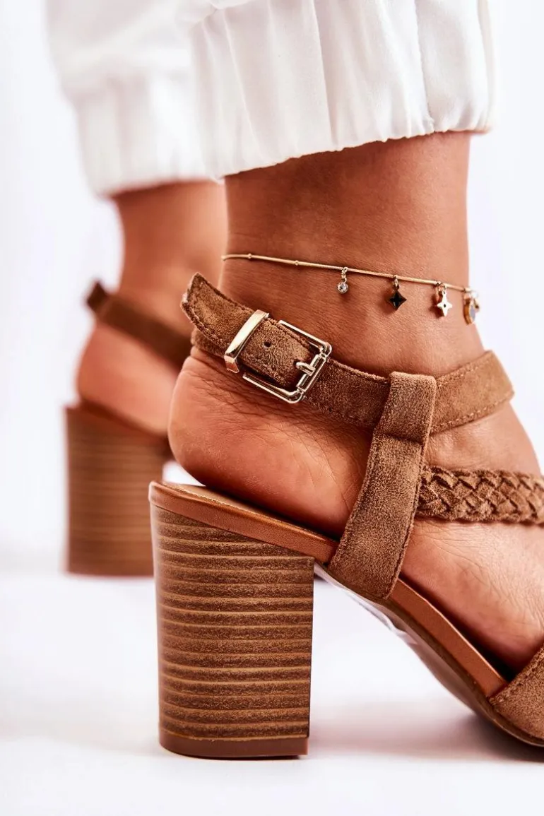 Zamszowe Damskie Sandały Na Słupku Camel Elora