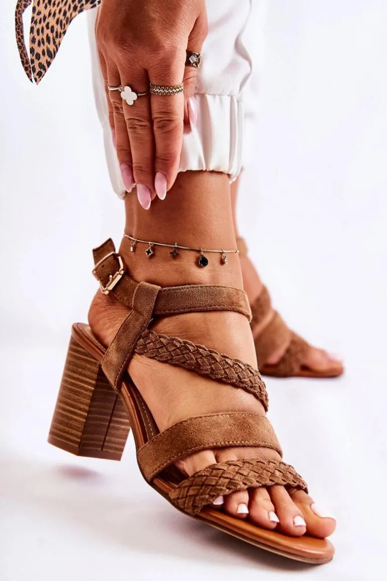 Zamszowe Damskie Sandały Na Słupku Camel Elora