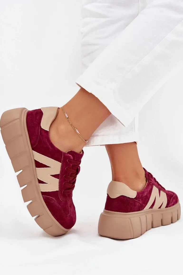Zamszowe Damskie Sneakersy Na Platformie Vinceza 79561 Bordowe