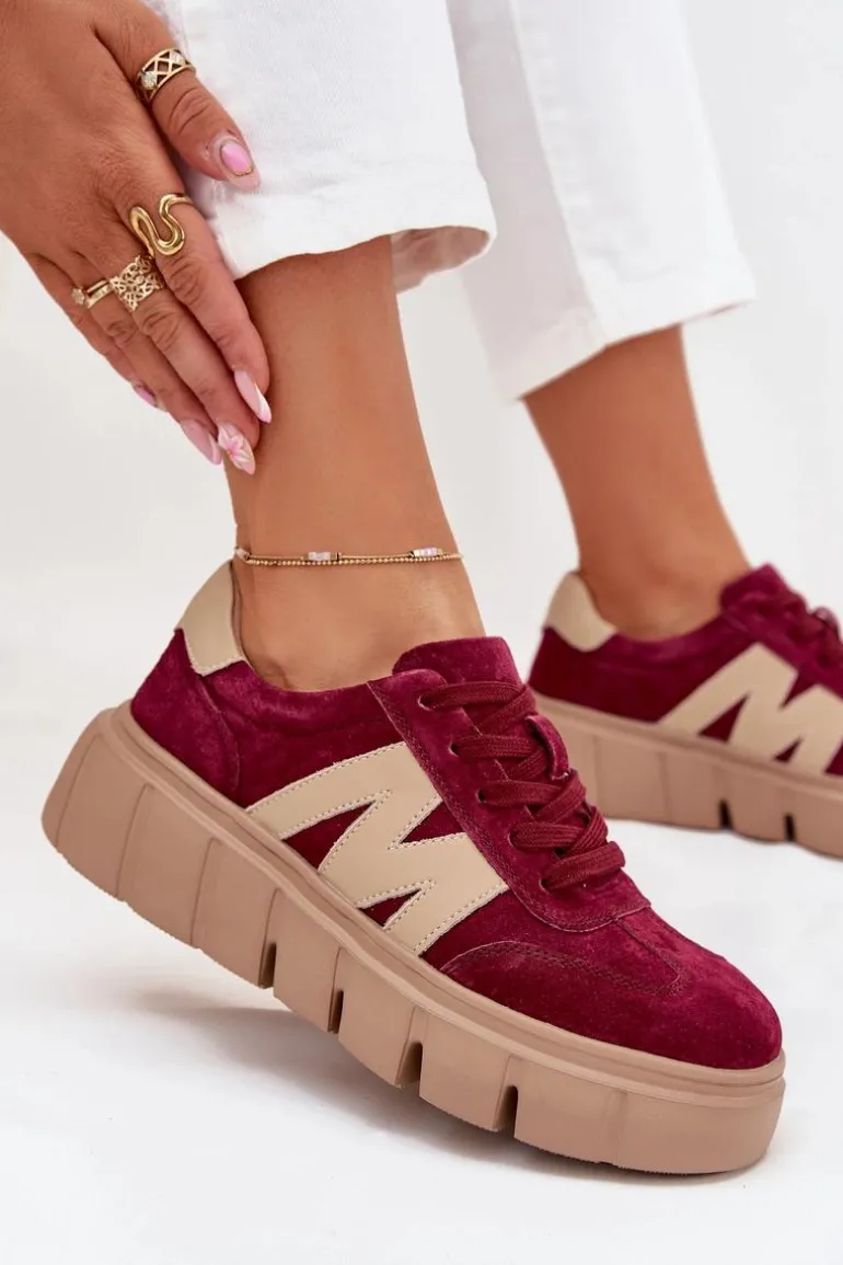 Zamszowe Damskie Sneakersy Na Platformie Vinceza 79561 Bordowe