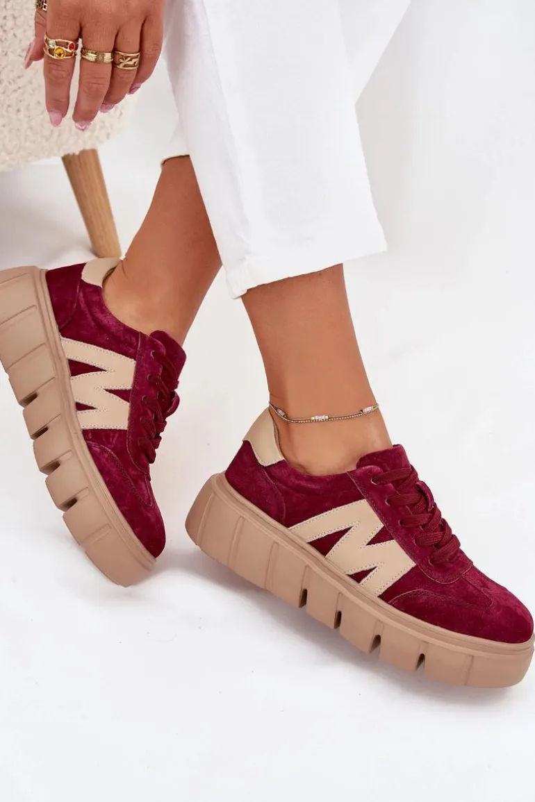 Zamszowe Damskie Sneakersy Na Platformie Vinceza 79561 Bordowe