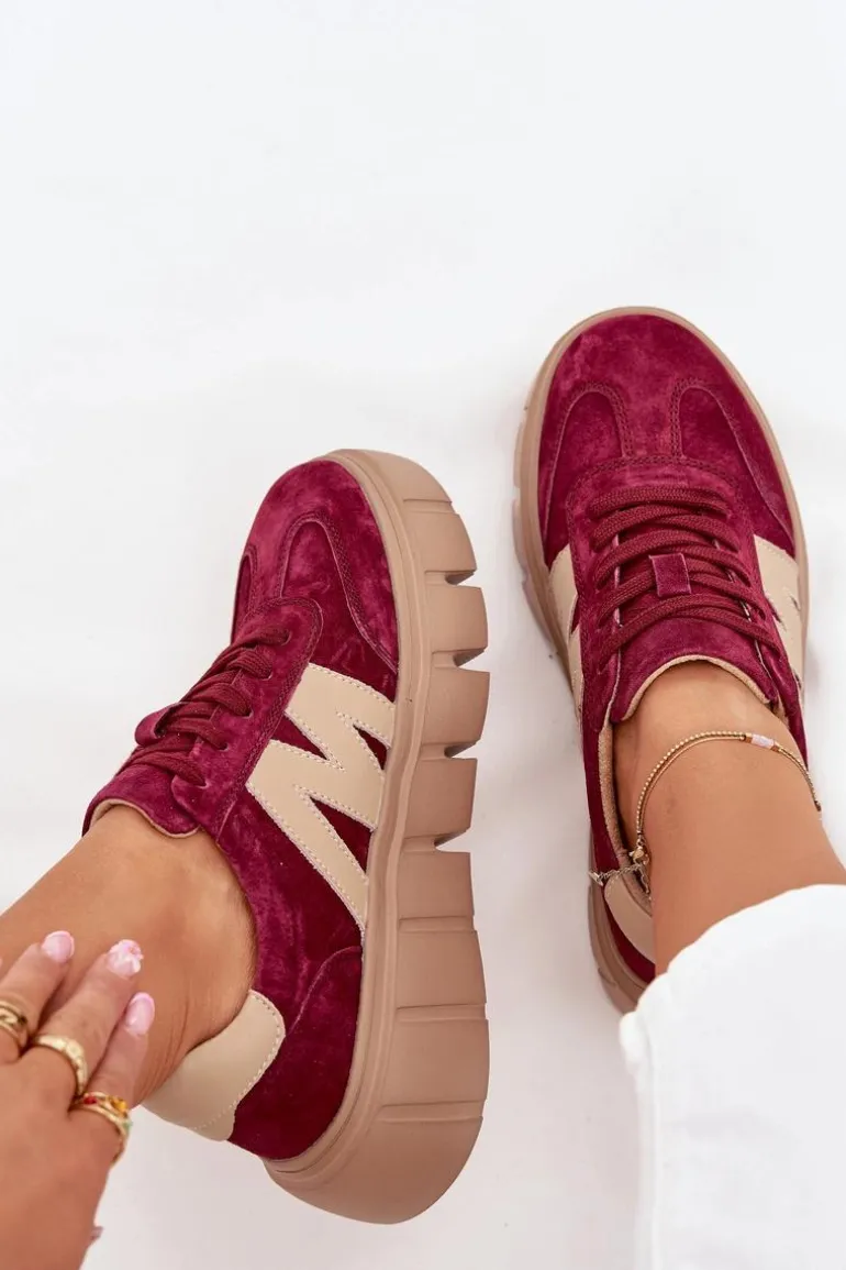 Zamszowe Damskie Sneakersy Na Platformie Vinceza 79561 Bordowe