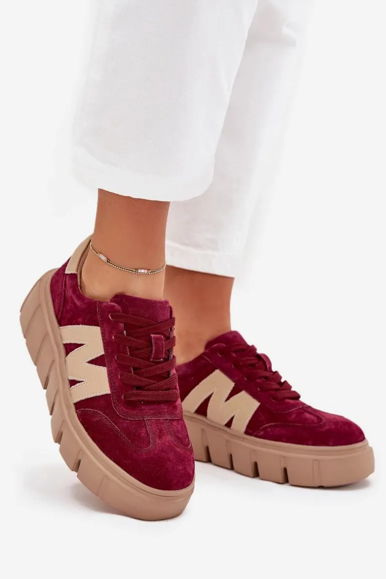 Zamszowe Damskie Sneakersy Na Platformie Vinceza 79561 Bordowe