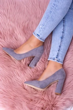 Zamszowe Damskie Szare Czółenka Na Słupku Celine