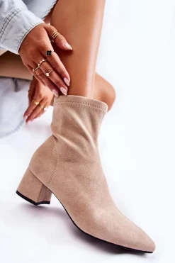 Zamszowe Damskie Wysokie Botki Beżowe Gloriss