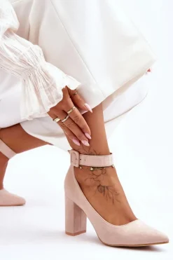 Zamszowe Eleganckie Czółenka Beżowe Gloria