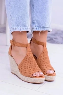 Zamszowe Espadryle Sandały Na Koturnie Camel Sunlast