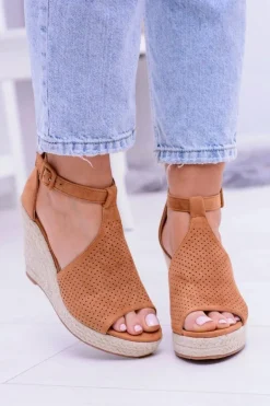 Zamszowe Espadryle Sandały Na Koturnie Camel Sunlast