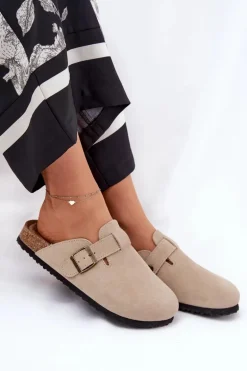 Zamszowe Klapki Chodaki Damskie Z Klamrą Big Star RR274A385 Beżowe