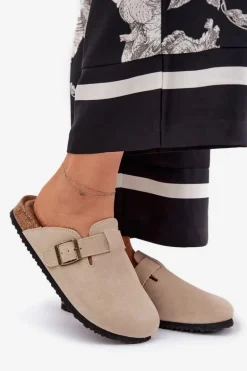 Zamszowe Klapki Chodaki Damskie Z Klamrą Big Star RR274A385 Beżowe