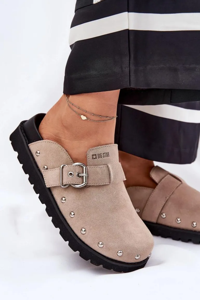 Zamszowe Klapki Chodaki Damskie Na Platformie Big Star RR274A376 Beżowe