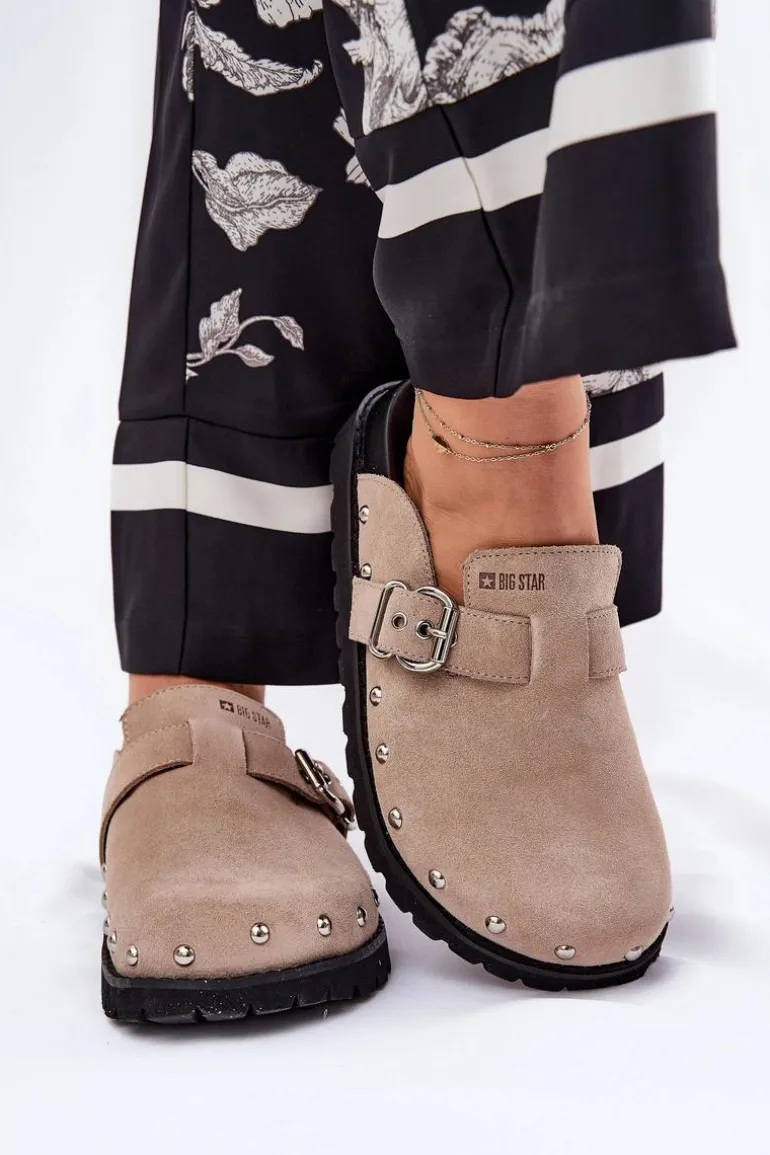 Zamszowe Klapki Chodaki Damskie Na Platformie Big Star RR274A376 Beżowe