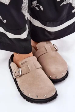 Zamszowe Klapki Chodaki Damskie Na Platformie Big Star RR274A376 Beżowe