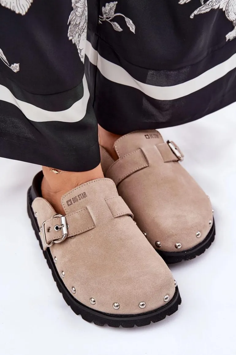 Zamszowe Klapki Chodaki Damskie Na Platformie Big Star RR274A376 Beżowe