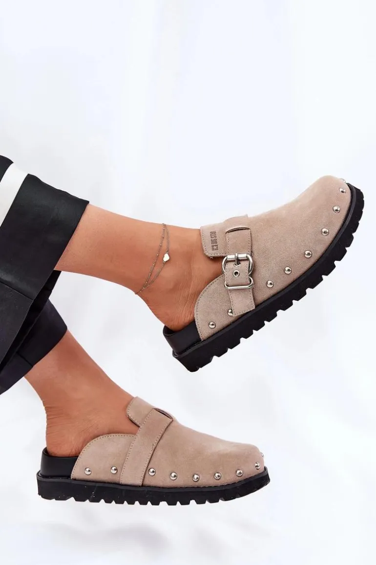 Zamszowe Klapki Chodaki Damskie Na Platformie Big Star RR274A376 Beżowe