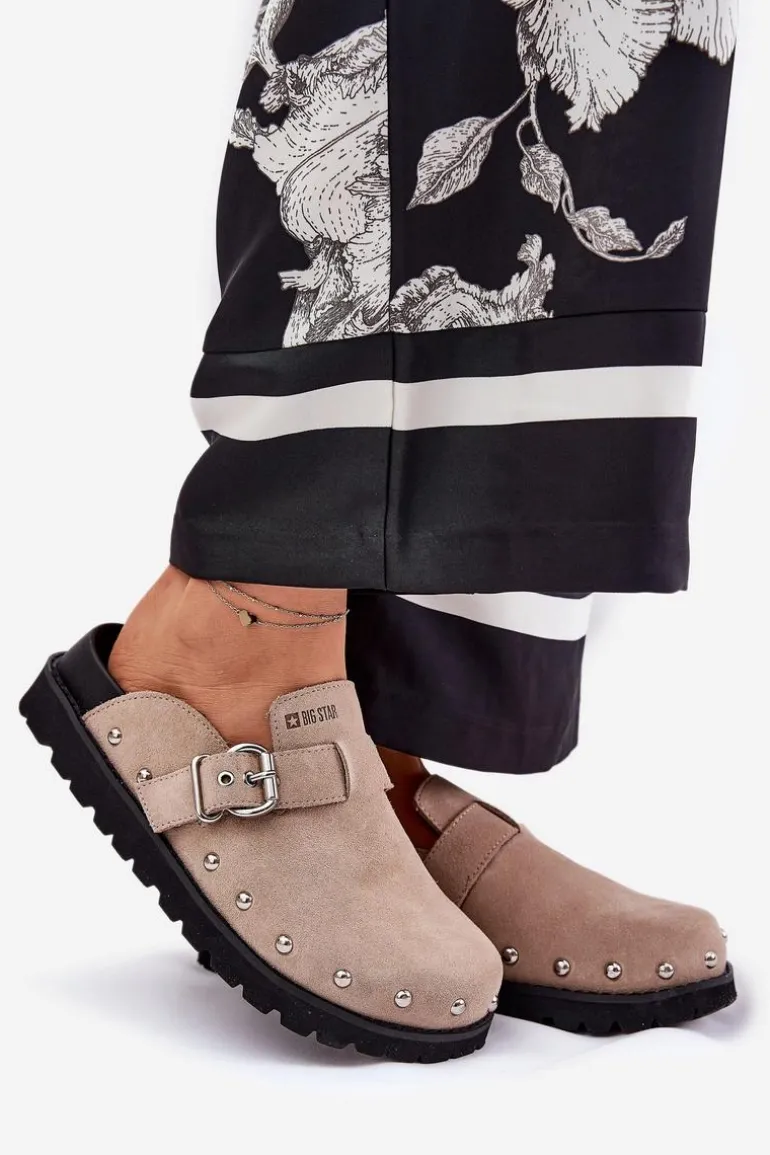 Zamszowe Klapki Chodaki Damskie Na Platformie Big Star RR274A376 Beżowe