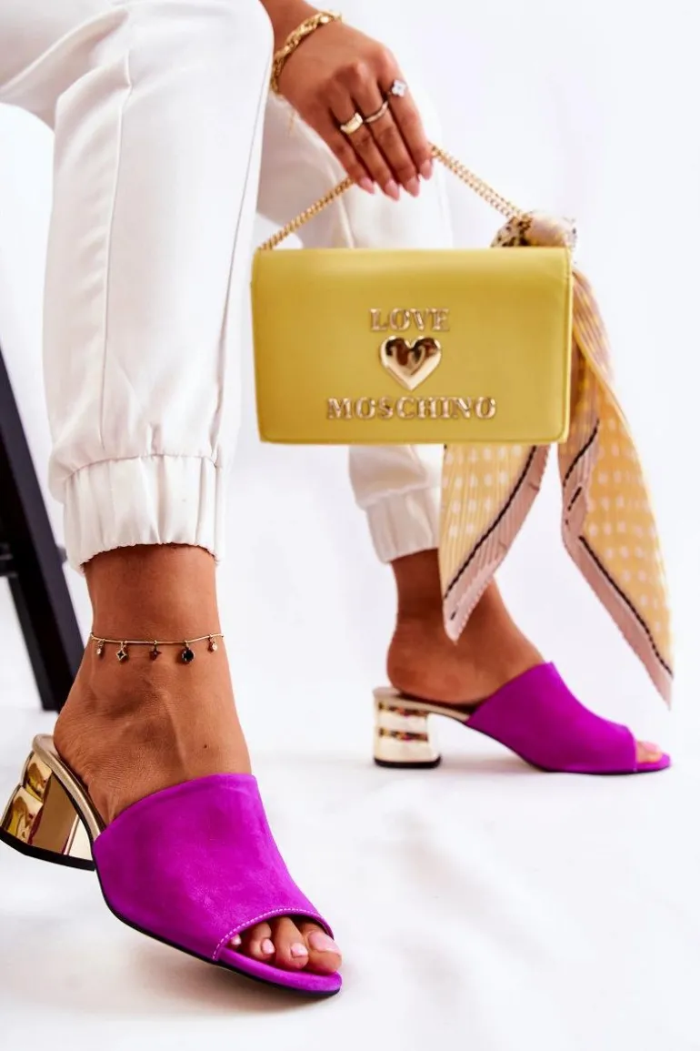 Zamszowe Klapki Damskie Na Obcasie Fuksja Perry