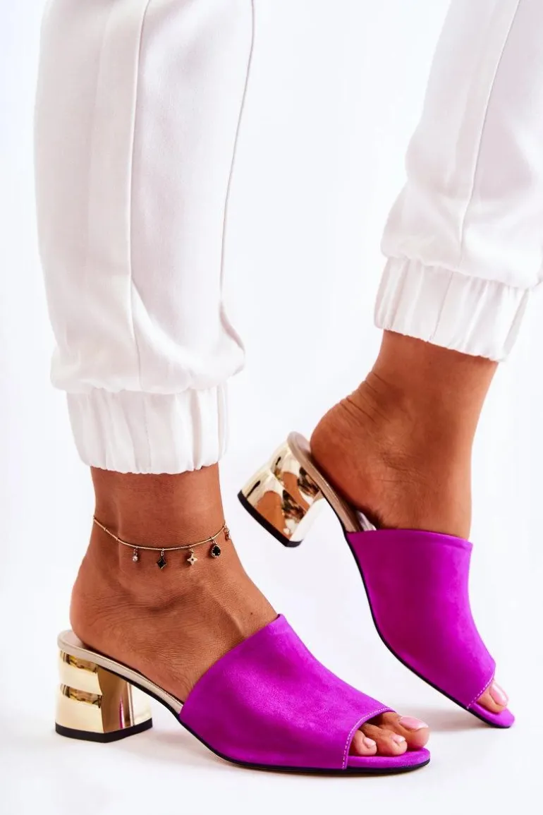 Zamszowe Klapki Damskie Na Obcasie Fuksja Perry