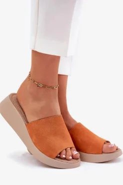 Zamszowe Klapki Damskie Na Koturnie Panto Fino RR267039 Pomarańczowe