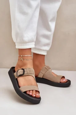 Zamszowe Klapki Damskie Na Platformie Zazoo 3024 Beżowe