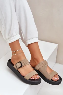 Zamszowe Klapki Damskie Na Platformie Zazoo 3024 Beżowe